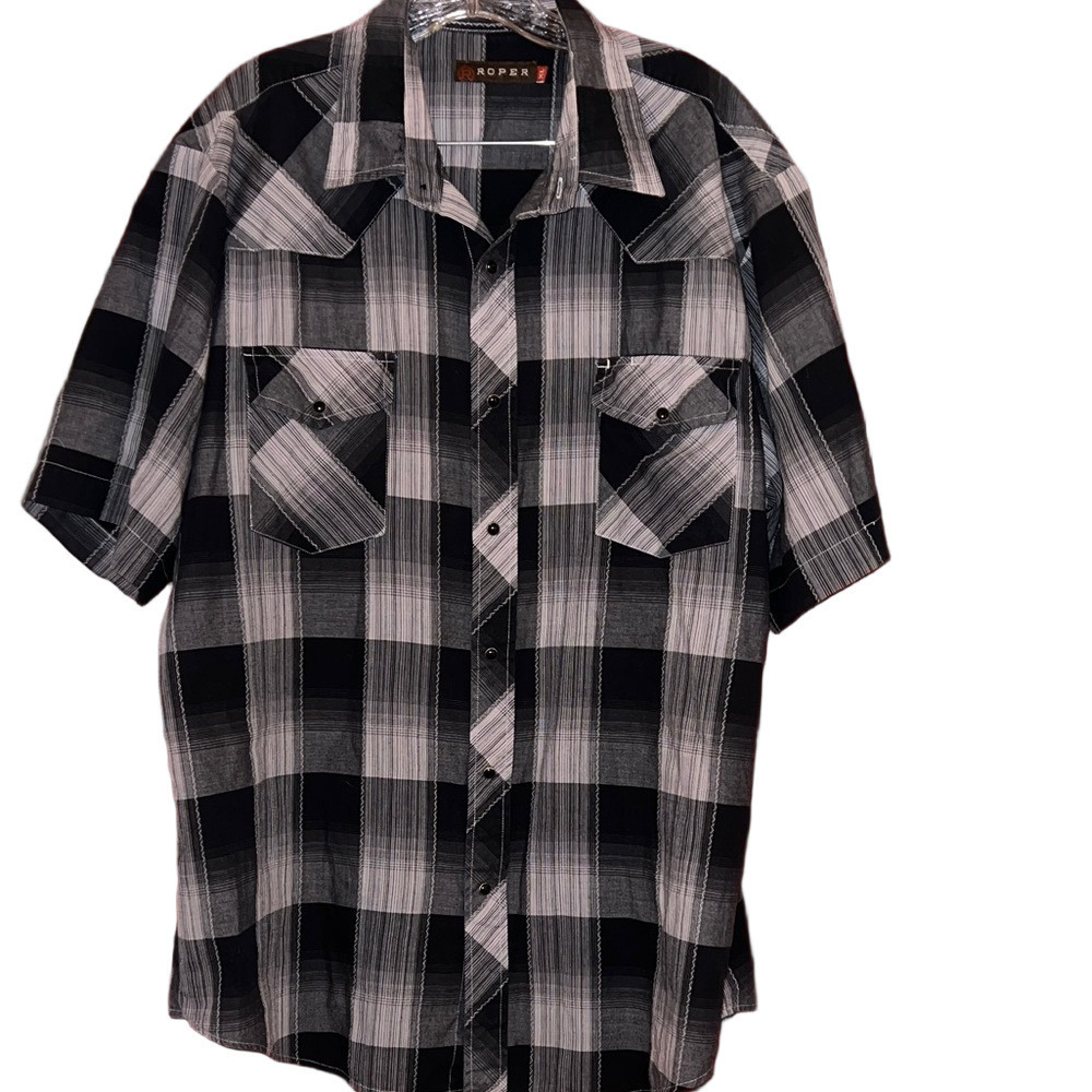 Roper Men's Black and Gray Checkered Shirt XL